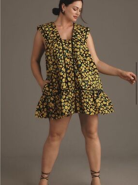 Collared Poplin Swing Mini Dress Yellow Floral Babydoll Mini Dress
